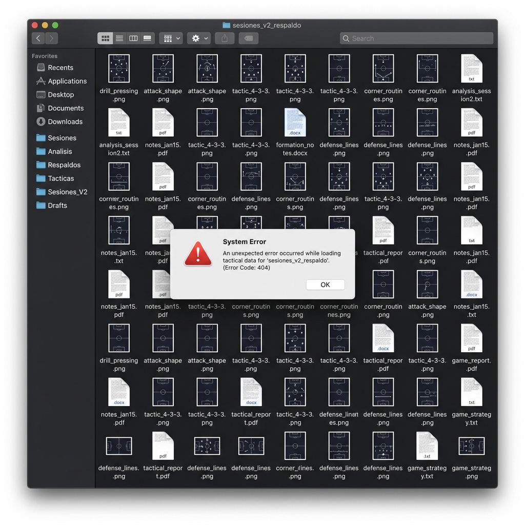 Finder de macOS caótico lleno de archivos desordenados y errores de copiado